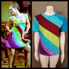 a mannequin wearing a rainbow colored dress next to a photo of a woman