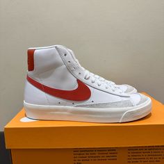 Nike Blazer Mid '77 Sneaker White/Mantra Orange/Sail/Cinnabar Dz4408-100 Brand New In Box Retro White High-top Sneakers For Sports, Nike Retro White Custom Sneakers, Nike Retro Custom White Sneakers, Nike White High-top Sneakers With Gum Sole, White Nike High-top Sneakers With Vulcanized Sole, Nike White High-top Sneakers With Vulcanized Sole, Retro Nike Custom White Sneakers, Retro White High-top Sneakers With Rubber Sole, Spring Nike High-top Sneakers With Rubber Sole