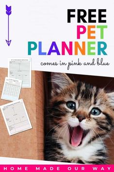 a cat with its mouth open and the words free pet planner comes in pink and blue