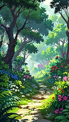 a painting of a path through a forest with lots of trees and flowers on it