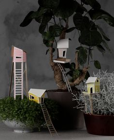 a potted plant sitting on top of a table next to miniature houses and ladders