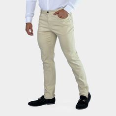 Mens Slim Fit Stretch Chinos Cream Slim Fit Full Length Elastane Pants, Fitted Slim Cotton Pants, Classic Fitted Jeans, Classic Stretch Jeans, Elegant Stretch Cotton Jeans, Slim Stretch Pants, Fitted Modern Dress Pants, Classic Slim Cotton Pants, Solid Stretch Pants With Five Pockets