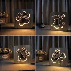 four different images of dog paw and bone light up blocks with flowers in the background