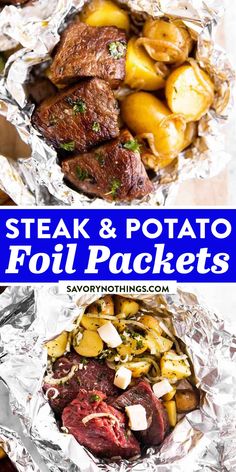 steak and potatoes foil packets with text overlay