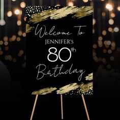 a sign that says welcome to jenny's 30th birthday with lights in the background