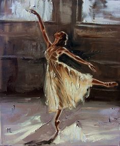 a painting of a ballerina in brown and white dress with her arms outstretched up