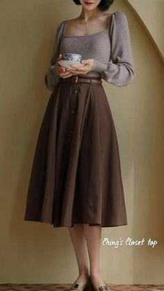 Brown Umbrella, Academia Style, Umbrella Skirt, Academia Fashion, Brown Skirt, Neue Outfits, Maxi Skirts