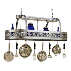 a pot rack with pots and pans hanging from it's sides, holding utensils