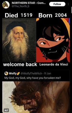 an image of some people with facial expressions on their faces and the words welcome back leonardo da vinni