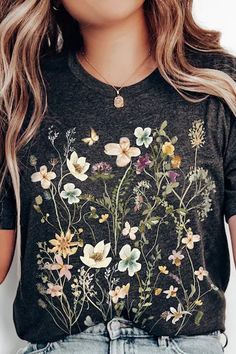 Pressed Flowers Tshirt, Boho Wildflowers Cottagecore Shirt, Oversized Vintage Botanical Tee, Pastel Floral Nature Shirt, Garden Lover Shirt - Etsy Nature-inspired Summer Tops With Plant Print, Nature-inspired Tops With Plant Print For Summer, Summer Nature-inspired Tops With Plant Print, Flower Graphic Print Botanical Tops, Botanical Style Flower Graphic Print Tops, Botanical Flower Graphic Print Tops, Spring Nature-inspired Tops With Graphic Print, Nature-inspired Crew Neck Top With Plant Print, Nature-inspired Top With Plant Print And Crew Neck