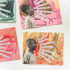 four children's artwork pieces with words written on them