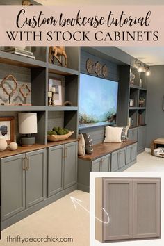 Wall of gray bookcases entertainment center around TV Media Wall With Log Storage, Built In Lego Display, Big Entertainment Center Living Rooms, Green Living Room Built Ins, Living Room Cabinet Colors, Two Tone Built Ins, Bonus Room Storage Ideas, Farmhouse Builtins, Living Room Built Ins With Tv