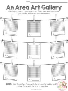 an area art gallery worksheet with pictures on the wall and below it are four squares