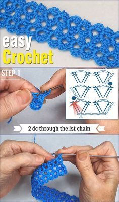 the instructions for crochet are shown in two different pictures, one is showing how to