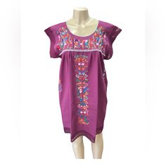 The Beautiful Tehuacn Dress Just Got Even Cuter With Lace Accents! Made In Cotton Manta Fabric With Silk Thread Embroidery. Available In Size Small, Medium, Large And X-Large. Please Consider That The Colors And Patterns Of The Embroidery Are Always Different Than The Ones In The Pictures. Purple Traditional Short Sleeve Dress, Traditional Purple Short Sleeve Dress, Purple Embroidered Dress For Vacation, Traditional Purple Summer Dress, Grape Dress, Silk Thread Embroidery, Thread Embroidery, Dress With Lace, Silk Thread