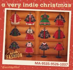 an advertisement for a clothing store featuring christmas sweaters and dresses on mannequins