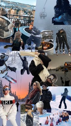 collage of photos with people and skis in the snow