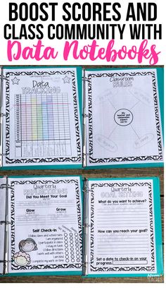 four notebooks with the words, best score and class community workbook on them