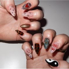 Edgy Spring Nail Designs, Eccentric Nail Designs, Funky Valentine's Nails, Funky Fun Nails, Fall Maximalist Nails, Maximalist Christmas Nails, Maxamilist Nails, Fall Funky Nails, Mix And Match Nails Design