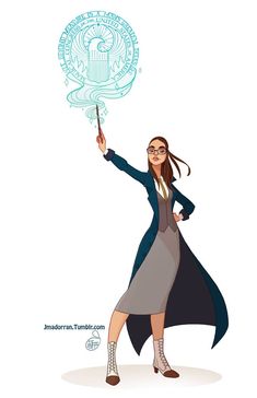 a woman in a long coat and glasses holding up a wand with the seal on it