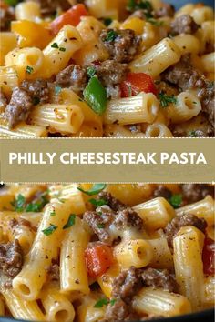 two pictures of pasta with meat and cheese