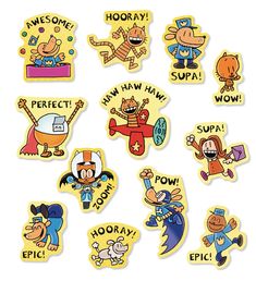 cartoon stickers with words and pictures on them