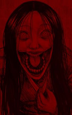 a drawing of a creepy woman with long hair and big eyes, smiling at the camera