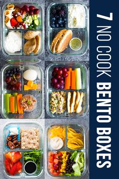 an image of a lunch box with different foods in it and the words, 7 cookbook bento boxes