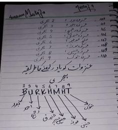 an open notebook with arabic writing on the page and numbers written in different languages,