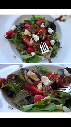 two pictures of a salad with strawberries and walnuts on it, one has a fork in it