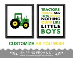 two framed pictures with tractors and sayings on them, one is for little boys