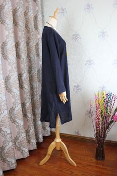 "【Fabric】 linen 【Color】 dark blue 【Size】 Shoulder width 43cm / 17\" Sleeve length 56cm/ 22\" Big arm circumference 33cm/ 13\" Bust 110cm / 43\" Length 95-100cm / 37-39\" Have any questions please contact me and I will be happy to help you." Womens Linen Dress, Midi Dress Autumn, Linen Kaftan, Blue Linen Dress, Loose Midi Dress, Dress Dark Blue, Bigger Arms, Linen Dress Women, Dress Asymmetrical