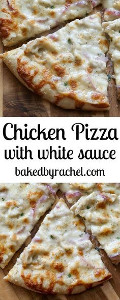 chicken pizza with white sauce cut into slices