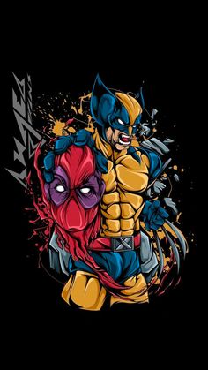 an image of two superheros in the style of t - shirt designs on black background