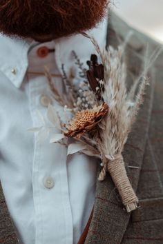 Dried Buttonhole for Groom at Micro Wedding Ghost Wedding, Boho Beach Elopement, Groom Buttonhole, Rustic Groom, Boho Wedding Flowers, Boho Beach Wedding