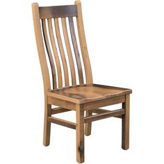 a wooden chair sitting up against a white background