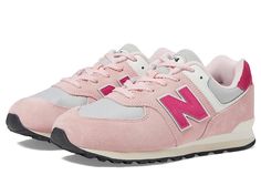 New Balance Kids 574v1-USA (Big Kid) - Girls Shoes : Crystal Pink/Carnival Pink : Featuring a leather and textile upper, breathable lining and ultracomfortable EVA midsole, these round-toe New Balance Kids 574v1-USA sneakers offer retro cool on and off of the playground. Padded tongue and collar offer a snug, comfy fit. Traditional lacing system with a NB 574 label at tongue. Sequined 'N' at side panel. Solid rubber outsole for long-wearing durability for wear in and out the classroom. Imported. Nb 574, Pink Carnival, New Balance Kids, Trendy Shoes Sneakers, Crystal Shoes