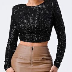 Black Sequin Backless Top. Fitted Crop Top For Party Season Night Out, Fitted Crop Top For Night Out And Party Season, Evening Sequin Stretch Crop Top, Evening Sequined Stretch Crop Top, Fitted Crop Top For Party Season And Night Out, Chic Crop Top For Club In Fall, Chic Fall Crop Top For Club, Fitted Sequined Crop Top For Evening, Elegant Sequined Crop Top For Club