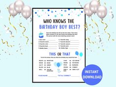 Fun Birthday Party Game "Who knows the birthday boy best?" Or Get the 10 Game Bundle For Him which includes this "who knows birthday boy best" printable: https://skyeinside.etsy.com/listing/1597504311 Includes 10 fun birthday party games for boy's birthday. Check this link for details.  Make the birthday party more enjoyable & memorable with this "how well do you know the birthday boy" game.  How to Use This Product? Make the birthday boy answer the questions first and then ask all the other gue Birthday Questionnaire, Birthday Quiz, 18th Party, Birthday Party Game, Games For Boys, Fun Birthday Party, Birthday Planning, Birthday Party Games, Birthday Games