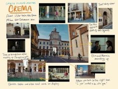 a collage of photos with people walking and riding bikes in front of an old building