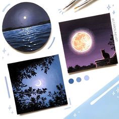 three pictures of the moon, water and trees with paintbrushes on top of it