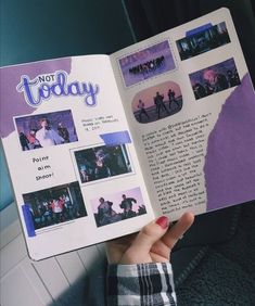 a person holding up a book with pictures on it and the words not today written in purple