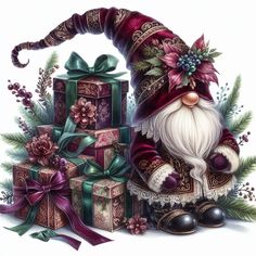 a painting of a santa clause surrounded by presents