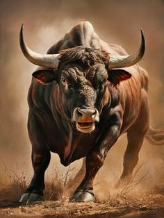 a painting of a bull with large horns running through the grass in front of it