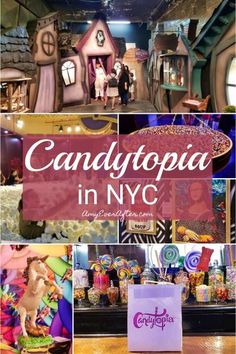 the candy shop is decorated in pink, purple and green with words that read candytopia in nyc