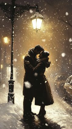 a couple kissing in the snow under a street light