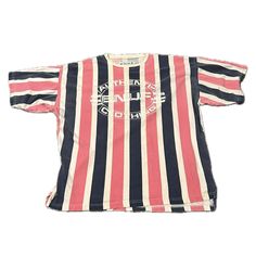 1990s Enuf Stripe Distressed Oversized T Shirt USA Made Streetwear / Men's XXL * Features: * Crewneck.  * Short sleeve.  * Bold enuf logo graphics.  * Oversized.  * Material: 100% cotton.  * Circa: 1990s.  Measurements: * Best fit would be a men's XXL.  * Chest- up to 56"  * Length- 28"  Label: Enuf International  Made in USA  Condition:  AS IS Distressed vintage condition with tearing / fraying on Crewneck and cracking to graphics.  SOLD AS IS Oversized Multicolor Sporty Tops, Oversized Sporty Multicolor Tops, Sporty Oversized Multicolor Tops, 90s Oversized Logo Print T-shirt, Oversized 90s T-shirt With Logo Print, Red Oversized 90s Tops, Oversized 90s Red Top, 90s Style Oversized Short Sleeve T-shirt, Retro Striped T-shirt For Streetwear