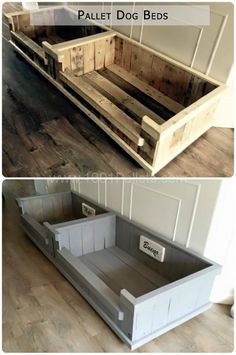 two pictures of different types of wooden pallets and one with metal trays on it