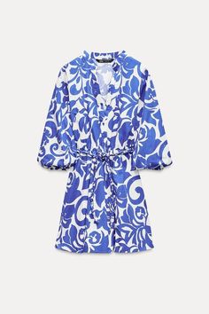 PRINTED POPLIN DRESS - Blue / White | ZARA United States Spring Half Sleeve Belted Dress, Spring Vacation Belted Dress With Tie Waist, Spring V-neck Belted Dress For Daywear, Summer Midi Dress With Belt And 3/4 Sleeves, Casual Summer Belted Dress With Belted Cuffs, Chic Belted Dress For Vacation, Summer Day Out Dress With Belted Cuffs, Summer Dresses With Belted Cuffs For Day Out, Casual Spring Dress With Belted Cuffs