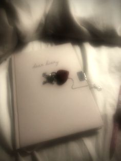 an open book with a rose on it sitting on a bed